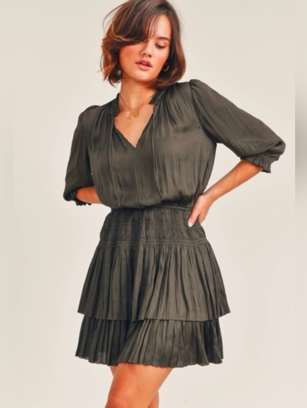 Reset Satin long-sleeve smocked waist dress | Olive | Size S